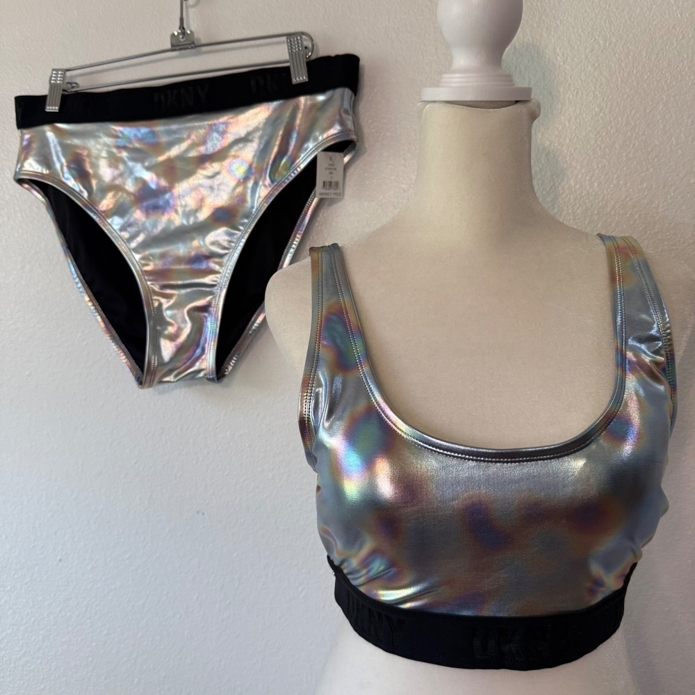 New Holographic Metallic 2 Piece Swim Suit  Party Womens L Silver